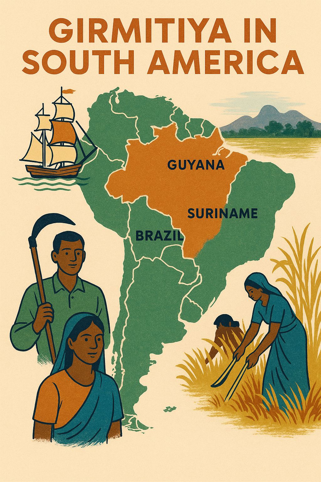 Illustrated poster: Girmitiya in South America — Guyana, Suriname, Brazil