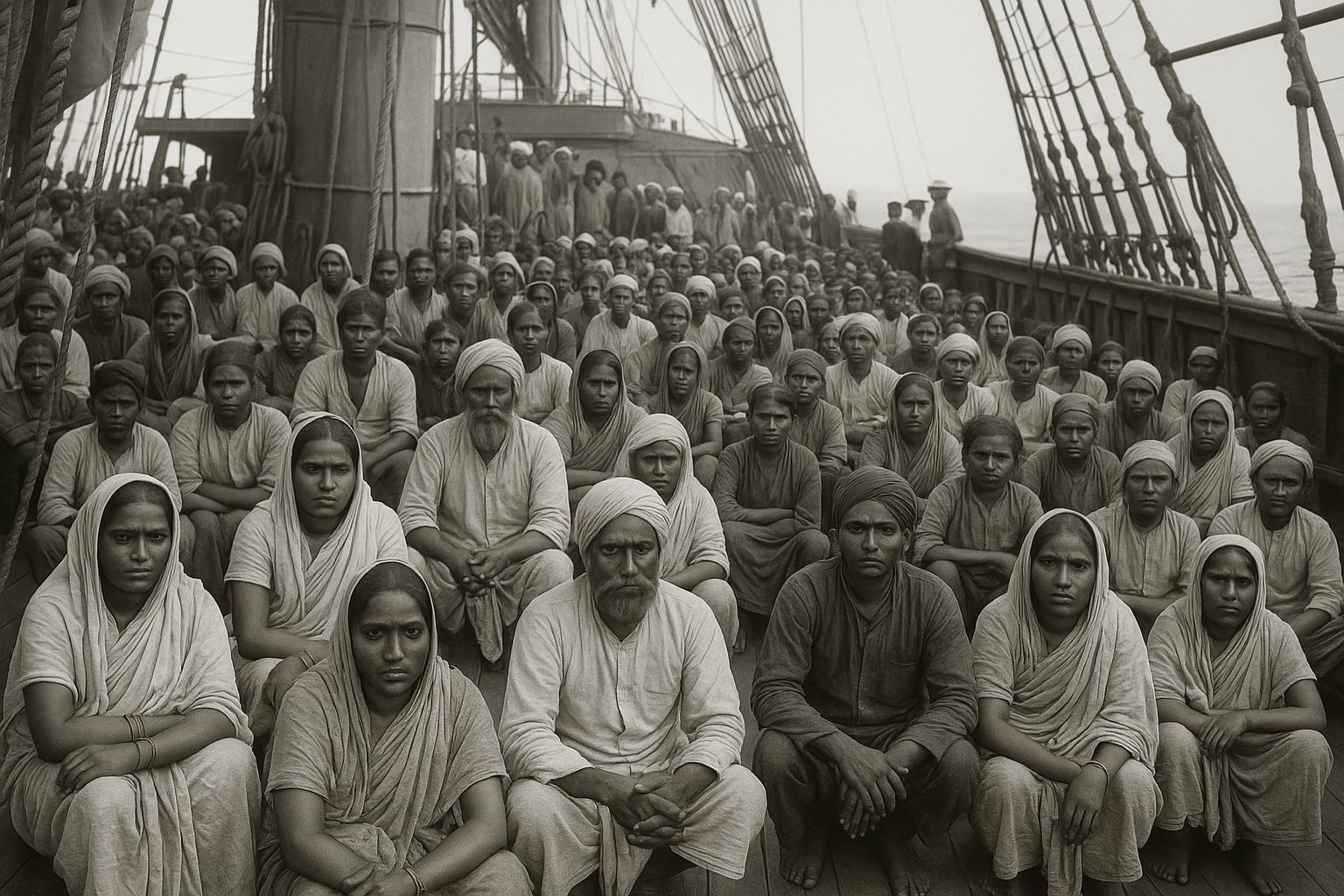 Indentured emigrants on the deck of a ship crossing the kala pani (illustration).